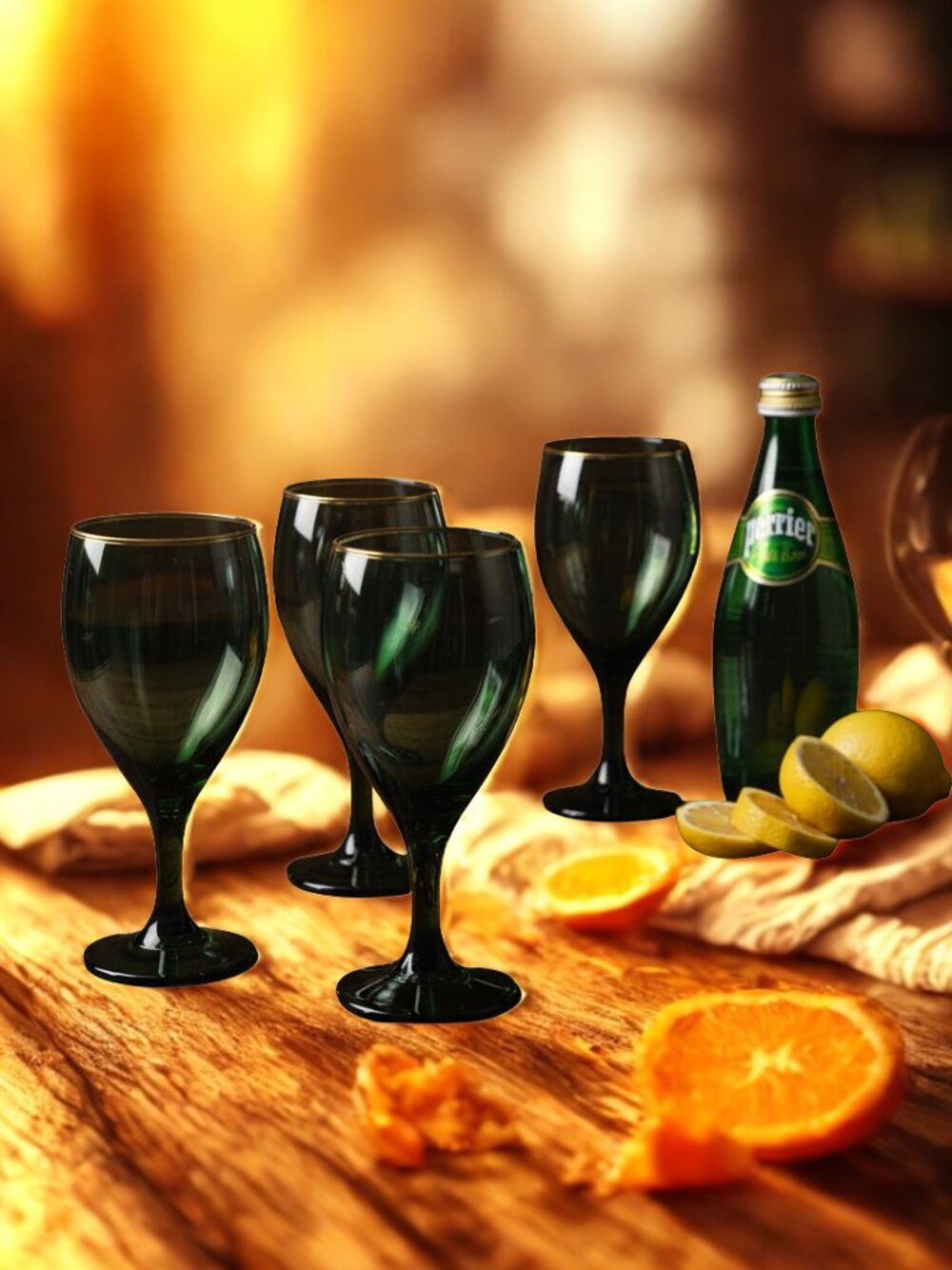 Set of 4 Libbey Vintage Juniper Green Gold Rim Teardrop Wine or Water Glasses